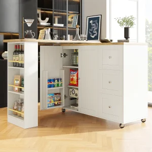 Draaibare barkast op wielen met 2 deuren, 3 laden en planken, licht natuurlijk houtfineer bovenblad, witte behuizing – 209x39x106cm Draaibare barkast op wielen met 2 deuren, 3 laden en planken, licht natuurlijk houtfineer bovenblad, witte behuizing – 209x39x106cm