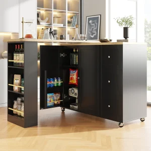 Draaibare barkast op wielen met 2 deuren, 3 laden en planken, licht natuurlijk houtfineer bovenblad, zwarte behuizing – 209x39x106cm Draaibare barkast op wielen met 2 deuren, 3 laden en planken, licht natuurlijk houtfineer bovenblad, zwarte behuizing – 209x39x106cm