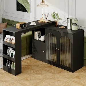 Draaibare barkast met 3 deuren waarvan 2 glazen deuren, inclusief open planken, zwarte behuizing – 120x40x103cm