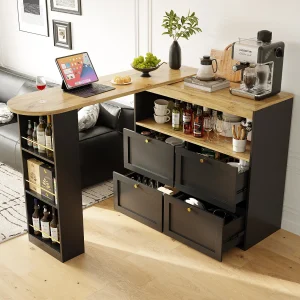 Draaibare barkast met 4 laden en 1 nis, zwarte behuizing met houtfineer bovenblad – 138x39x104cm