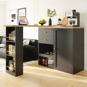 Draaibare barkast met 2 laden, 1 deur en 2 nissen, zwarte behuizing met houtfineer bovenblad – 138x39x104cm