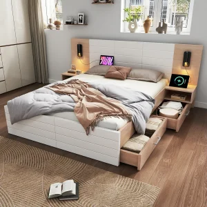 COT met laden en chevets 180x200cm, witte eik, met 360 ° leeslampen en USB -laadpoorten, 255 × 207x80cm