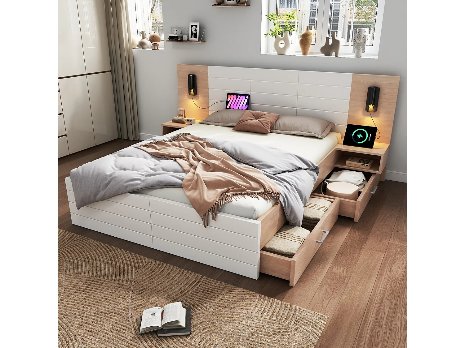 COT met laden en chevets 180x200cm, witte eik, met 360 ° leeslampen en USB -laadpoorten, 255 × 207x80cm