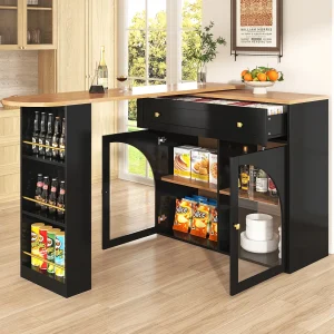 Draaibare barkast met 1 brede lade en 2 glazen deuren, zwarte behuizing, inclusief planken – 204x39x104cm