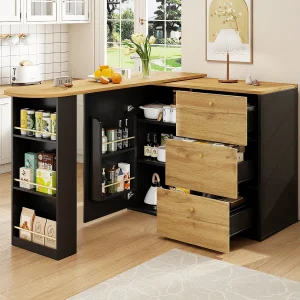 Draaibare barkast met 1 deur en 3 laden, inclusief drielaags zijplank, zwart en licht naturel – 204x39x104cm