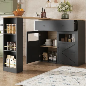 Draaibare barkast met 1 brede lade en 2 deuren, inclusief drielaags zijplank, zwart – 204x39x104cm