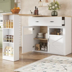Draaibare barkast met 1 brede lade en 2 deuren, inclusief drielaags zijplank, wit – 204x39x104cm