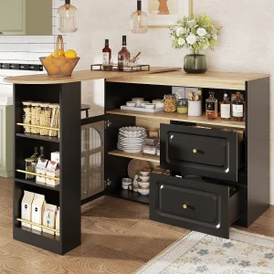 Draaibare barkast met 1 glazen deur, 1 nis en 2 lades, zwarte behuizing, inclusief planken – 204x39x104cm