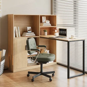 Bureau met 1 deur en 6 nissen, MDF frame in licht natuurlijk houtnerf fineer en zwart metaal – 120x50x120cm Bureau met 1 deur en 6 nissen, MDF frame in licht natuurlijk houtnerf fineer en zwart metaal – 120x50x120cm