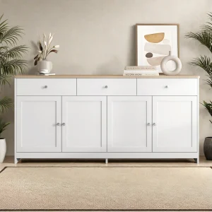 Buffet Dressoir 4 Deuren 3 Lades Wit en Hout 160x37x75 cm – Opbergruimte Woonkamer Keuken Rustieke Moderne Stijl