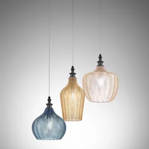 Cleofe – Suspension 3 lumières en verre transparent ambre, ocre et cobalt – 3XE27 max 3X60W, déco style vintage