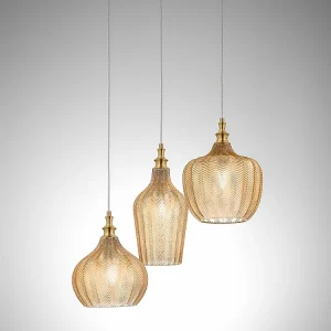 Cleofe – Suspension 3 lumières en verre ambré transparent et laiton – 3XE27 max 3X60W, déco style vintage