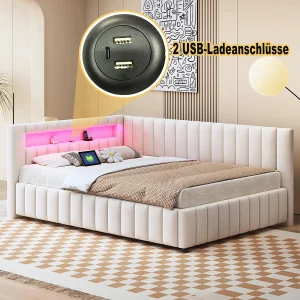 Daybed 140×200 cm – Beige fluweel – Volwassen bed met ledverlichting en USB-oplaadpoort – Zonder matras Daybed 140×200 cm – Beige fluweel – Volwassen bed met ledverlichting en USB-oplaadpoort – Zonder matras