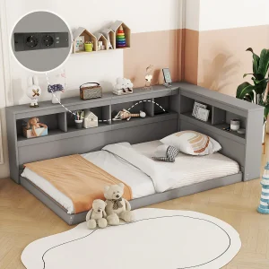 Daybed 90×200 cm, Volwassen bed met stopcontact en 2 USB-aansluitingen, houten lattenbodem, grijs, zonder matras Daybed 90×200 cm, Volwassen bed met stopcontact en 2 USB-aansluitingen, houten lattenbodem, grijs, zonder matras