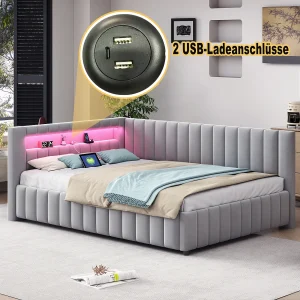 Daybed 140×200 cm – Grijs fluweel – Volwassen bed met ledverlichting en USB-oplaadpoort – Zonder matras Daybed 140×200 cm – Grijs fluweel – Volwassen bed met ledverlichting en USB-oplaadpoort – Zonder matras