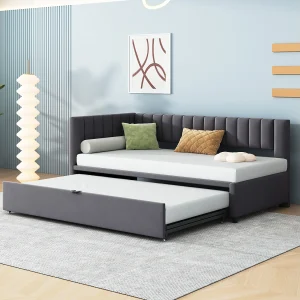 Daybed 90/180×200 cm – donkergrijs fluweel – Kinderbed met gestoffeerde rugleuning en lattenbodem – zonder matras Daybed 90/180×200 cm – donkergrijs fluweel – Kinderbed met gestoffeerde rugleuning en lattenbodem – zonder matras
