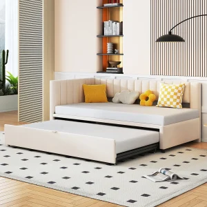 Daybed 90/180×200 cm – beige fluweel – Kinderbed met gestoffeerde rugleuning en lattenbodem – zonder matras Daybed 90/180×200 cm – beige fluweel – Kinderbed met gestoffeerde rugleuning en lattenbodem – zonder matras