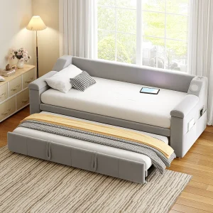 Daybed 90/180×190 cm – Lichtgrijs fluweel – Volwassen bed met Bluetooth-audiosysteem en USB-oplader – Zonder matras Daybed 90/180×190 cm – Lichtgrijs fluweel – Volwassen bed met Bluetooth-audiosysteem en USB-oplader – Zonder matras