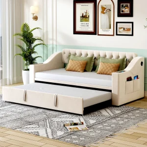 Daybed 90/180 x 190 cm – Beige fluweel – Volwassen bed met USB-oplaadfunctie – Lattenbodem – Zonder matras Daybed 90/180 x 190 cm – Beige fluweel – Volwassen bed met USB-oplaadfunctie – Lattenbodem – Zonder matras