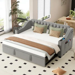 Daybed 90/180 x 190 cm – Grijs fluweel – Volwassen bed met USB-oplaadfunctie – Lattenbodem – Zonder matras Daybed 90/180 x 190 cm – Grijs fluweel – Volwassen bed met USB-oplaadfunctie – Lattenbodem – Zonder matras