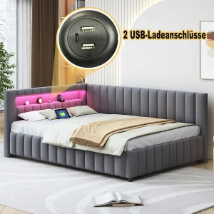 Daybed 140×200 cm – Donkergrijs fluweel – Volwassen bed met ledverlichting en USB-oplaadpoort – Zonder matras Daybed 140×200 cm – Donkergrijs fluweel – Volwassen bed met ledverlichting en USB-oplaadpoort – Zonder matras