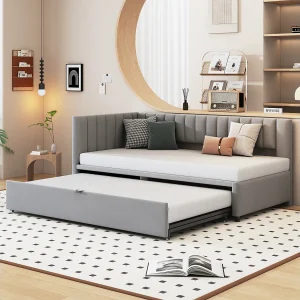 Daybed 90/180×200 cm – grijs fluweel – Kinderbed met gestoffeerde rugleuning en lattenbodem – zonder matras Daybed 90/180×200 cm – grijs fluweel – Kinderbed met gestoffeerde rugleuning en lattenbodem – zonder matras