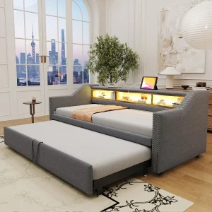 Daybed 90/180 x 190 cm – Lichtgrijs linnen – Volwassen bed met ledverlichting en USB-aansluiting – Lattenbodem – Zonder matras Daybed 90/180 x 190 cm – Lichtgrijs linnen – Volwassen bed met ledverlichting en USB-aansluiting – Lattenbodem – Zonder matras
