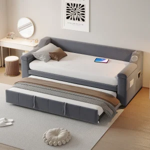 Daybed 90/180×190 cm – Grijs fluweel – Volwassen bed met Bluetooth-audiosysteem en USB-oplader – Zonder matras Daybed 90/180×190 cm – Grijs fluweel – Volwassen bed met Bluetooth-audiosysteem en USB-oplader – Zonder matras