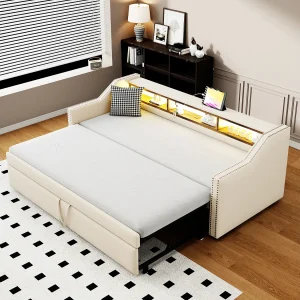 Daybed 90/180 x 190 cm – Beige linnen – Volwassen bed met ledverlichting en USB-aansluiting – Lattenbodem – Zonder matras Daybed 90/180 x 190 cm – Beige linnen – Volwassen bed met ledverlichting en USB-aansluiting – Lattenbodem – Zonder matras