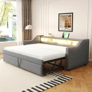 Daybed 90/180 x 190 cm – Grijs linnen – Volwassen bed met ledverlichting en USB-aansluiting – Lattenbodem – Zonder matras Daybed 90/180 x 190 cm – Grijs linnen – Volwassen bed met ledverlichting en USB-aansluiting – Lattenbodem – Zonder matras