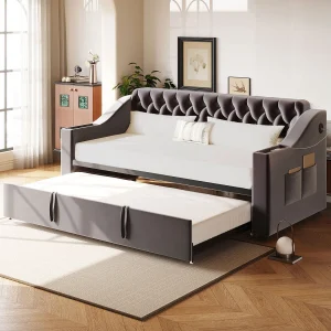Daybed 90/180 x 190 cm – Donkergrijs fluweel – Volwassen bed met USB-oplaadfunctie – Lattenbodem – Zonder matras Daybed 90/180 x 190 cm – Donkergrijs fluweel – Volwassen bed met USB-oplaadfunctie – Lattenbodem – Zonder matras