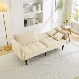Canapé relaxation beige – Canapé avec accoudoirs rabattables et 2 coussins – six pieds en bois massif – pour salon et chambre