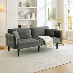 Canapé relaxation gris – Canapé avec accoudoirs rabattables et 2 coussins – six pieds en bois – pour salons et chambres