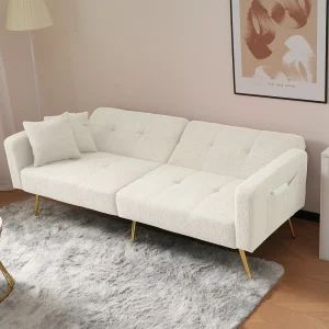 Canapé relaxation blanc – Canapé avec coussins et poches de rangement – pieds dorés – pour salon et chambre
