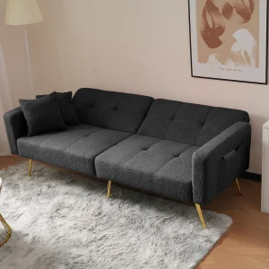 Canapé relaxation gris – Canapé avec coussins et poches de rangement – pieds dorés – pour salon et chambre