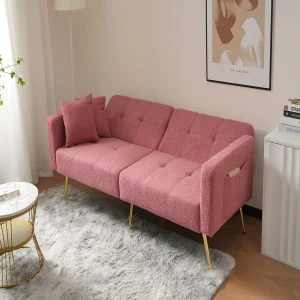 Canapé relaxation rose – Canapé avec coussins et poches de rangement – pieds dorés – pour salon et chambre