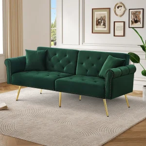 Canapé relaxation vert – Canapé avec dossier réglable et accoudoirs – 6 pieds en métal – pour salon et chambre
