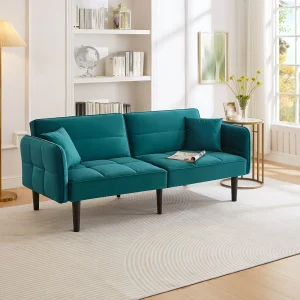 Canapé relaxation vert – Canapé avec accoudoirs rabattables et 2 coussins – six pieds en bois massif – pour salons et chambres