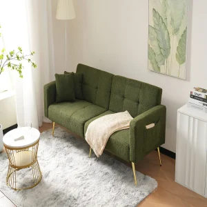 Canapé relaxation vert – Canapé avec coussins et poches de rangement – pieds dorés – pour salon et chambre