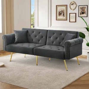 Canapé relaxation gris – Canapé avec dossier réglable et accoudoirs – 6 pieds en métal – pour salon et chambre