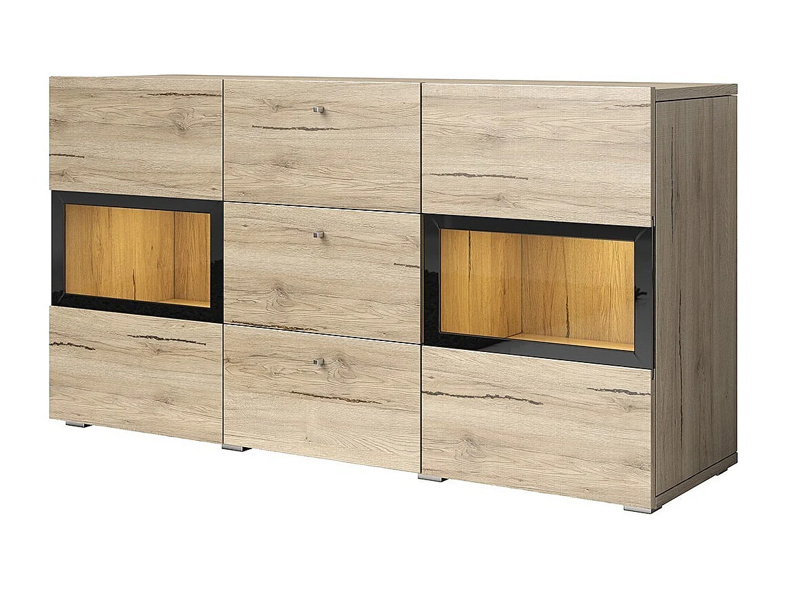 Buffet RAMOS – Eiken en zwart – Geïntegreerde multikleur LED's – 2 glazen deuren + 3 laden - Hedendaagse stijl