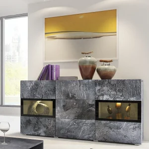 Buffet 2 deuren en 3 laden collectie RAMOS. Ingebouwde LED-verlichting. Kleur grijs leisteen effect en zwart.