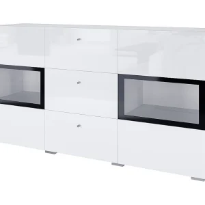Buffet RAMOS – 2 glazen deuren + 3 laden – Kleur glanzend wit en zwart – LED niet inbegrepen