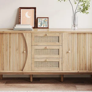 Buffet 140,5×40×76 cm – 3 rotan laden – 2 schuifdeuren – verstelbare planken – naturel Buffet 140,5×40×76 cm – 3 rotan laden – 2 schuifdeuren – verstelbare planken – naturel