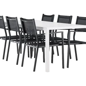 Break tuinmeubelset tafel 90x205cm wit, 6 stoelen zwart. Break tuinmeubelset tafel 90x205cm wit, 6 stoelen zwart.