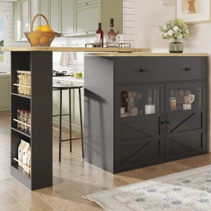 Draaibare barkast – uitschuifbare bartafel met 1 lade en 2 glazen deuren – open opbergruimte – zwart