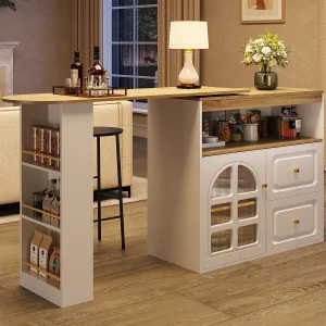 Draaibare barkast – uitschuifbare bartafel met 2 lades en 1 glazen deur – open opbergruimte – wit