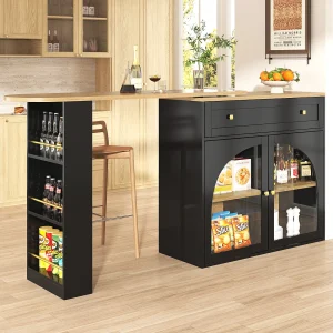 Draaibare barkast – uitschuifbare bartafel met 1 lade en 2 glazen deuren – open opbergruimte – zwart