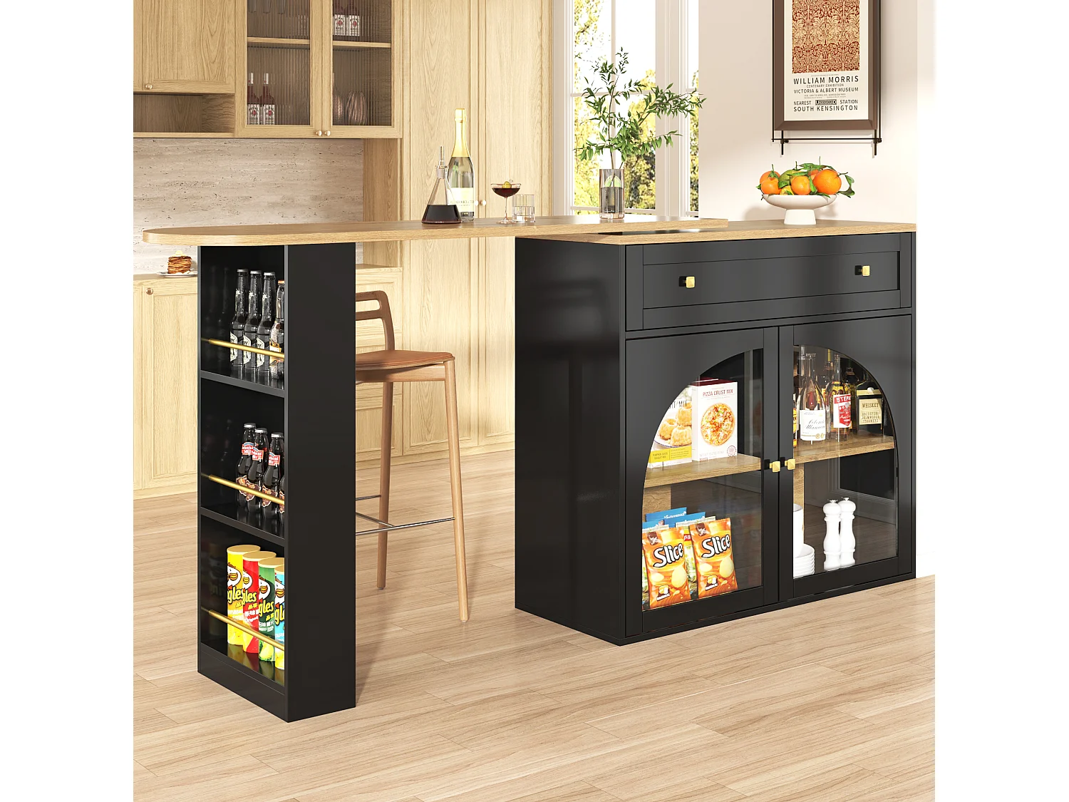 Draaibare barkast - uitschuifbare bartafel met 1 lade en 2 glazen deuren - open opbergruimte - zwart
