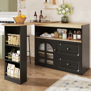 Draaibare barkast – uitschuifbare bartafel met 2 lades en 1 glazen deur – open opbergruimte – zwart